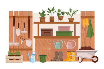 Gardening room, interior. Garden tools, farm clothes, boots, gloves, wheelbarrow and plants on the shelves. Illustration, vector