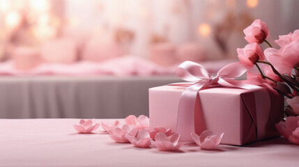Pink gift box with ribbon and flowers on table in room, closeup.