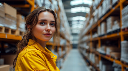 Portrait of a young woman in a big warehouse with shelves full of boxes. 