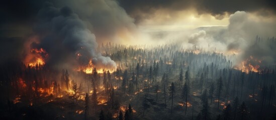 Fototapeta na wymiar Forest fires during the summer create a smoky scene, seen from above as a natural disaster.