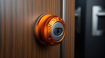 An orange-buttoned door knob stands out in a close-up view. - obrazy, fototapety, plakaty