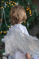 boy in white with wings in Christmas studio