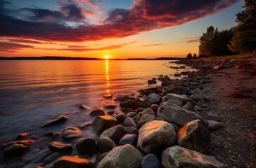 Fototapeta na wymiar Sunset Over Water With Rocks in Foreground - Serene Natural Landscape Scene