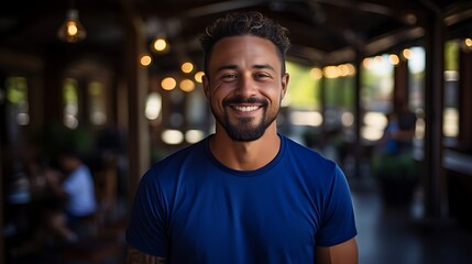Fototapeta premium Close up portrait of young smiling handsome guy in blue t-shirt isolated on a background