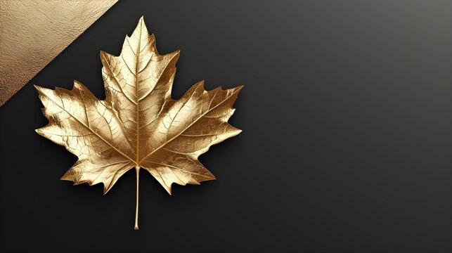 Gold Maple Leaf Black background,Space for text on the right