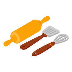 Slotted Turner, Whisk and Rolling pin concept vector icon design, Bakery and Baker symbol, food preparation and Kitchen Utensils sign, Recipe development stock illustration