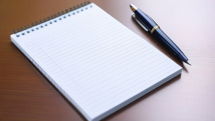 Blue pen next to white notepad on brown desk, study supplies, pen for business, school and office