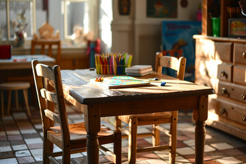 A playroom with a small wooden table and chairs set, with puzzles and coloring books on the table
