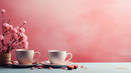 Two cups of coffee on a blue wooden table with pink background.