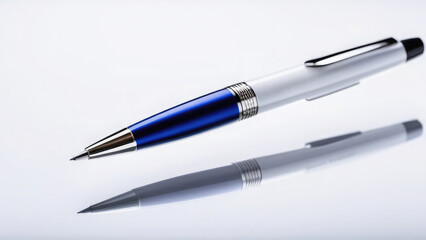 Blue and white pen with shadow, educational supplies, pen for business, school and office, on white insulated background