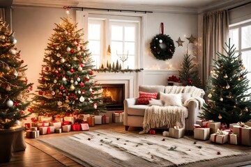 christmas decorated living room, decorated christmas tree, cozy blankets and pillows 