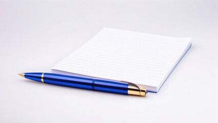 Blue pen next to white notepad, educational supplies, pen for business, school and office, on white isolated background