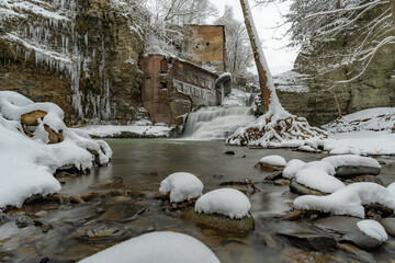 Winter abandoned Mill at Wells Falls, Businessman's Lunch Falls, on Six Mile Creek Ithaca, NY.