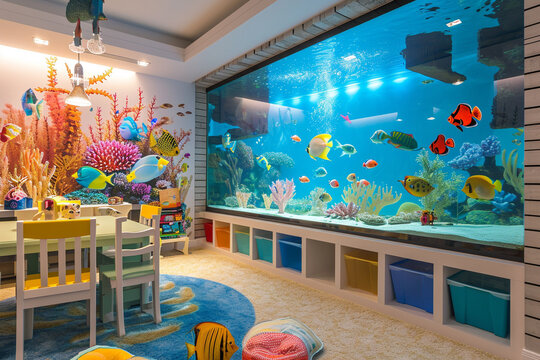 A playroom with a wall-mounted aquarium, featuring colorful fish and aquatic decorations