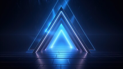 3d render, abstract minimalist blue geometric background. Triangular doorway portal glowing in the dark with bright neon light. Modern wallpaper. Generative Ai - obrazy, fototapety, plakaty