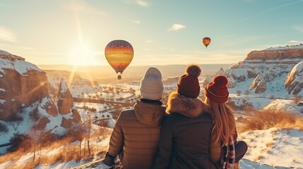 Awe-Inspiring Adventure: A Happy Family's Enchanting Moment, Gazing with Wonder at a Hot Air Balloon Gracefully Soaring Around, Creating Cherished Memories of Togetherness and Joyful Discovery, 