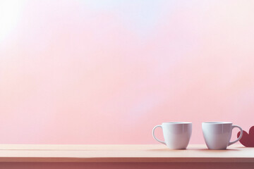 Coffee cup on wooden table and pastel pink background.