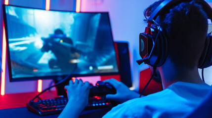 Professional Gamer Playing And Winning In First-Person Shooter Online Video Game. online game