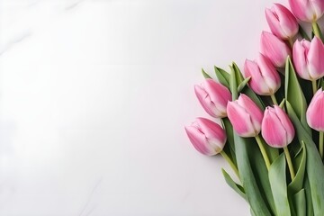 A bouquet of tulips on a white background.Spring floral background.Pink tulips.Bouquet of spring tulips on a white background, 2/3 free space for text