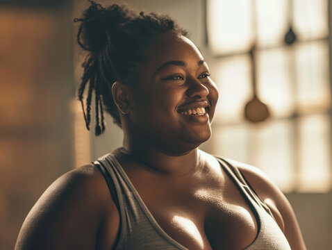 Smiling plus size young black woman working out in gym