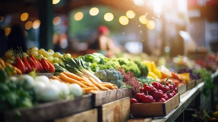 Foto op Canvas A vibrant farmers market with colorful fruits and vegetables displayed on wooden crates,  © sambath