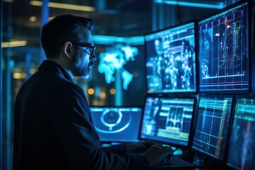 Photo of a cybersecurity expert analyzing network data. Generative AI