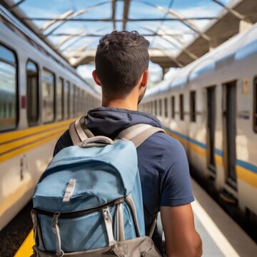 Primer plano de una mochila de viajes y una persona de espaldas que sube a un tren ticket low cost baio presupuesto, travel sale