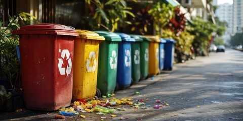 Fototapeta premium Brightly colored trash cans, each adorned with a recycle symbol, representing an eco-friendly recycling concept in a visually appealing and organized manner.