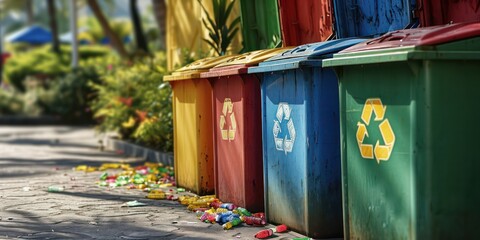 Brightly colored trash cans, each adorned with a recycle symbol, representing an eco-friendly recycling concept in a visually appealing and organized manner.