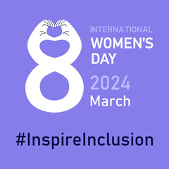 Inspire inclusion banner for International Women's day. IWD 2024 campaign with number 8, heart gesture and hashtag on purple background. Vector illustration