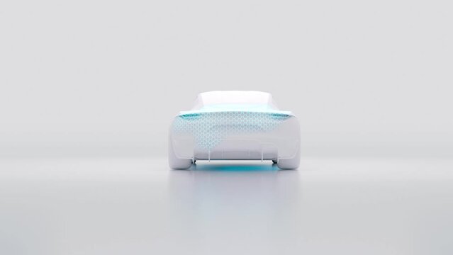 3d render of abstract art with surreal minimalistic white 3d car model in rotation process with wire energy shield around in glowing neon azure blue on white surface