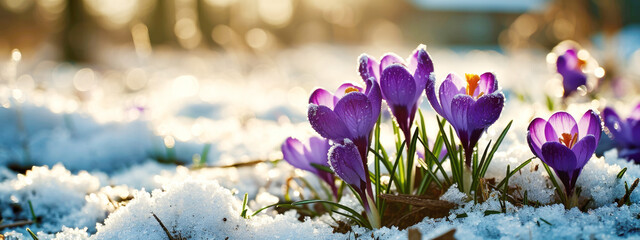 Early spring crocuses through melting snow, winter to spring background - obrazy, fototapety, plakaty