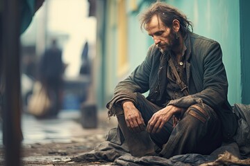 A beggar in shabby clothes was sitting on the street, use filter photography