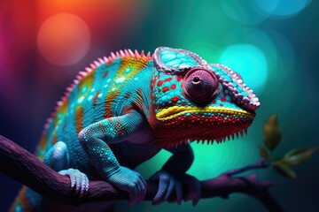 A chameleon whose colors can change at will and blend into its surroundings, Glowing radioactivity, beauty light