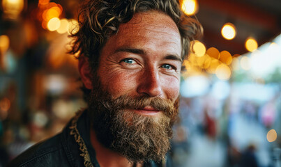 Obraz premium Portrait of a cheerful bearded man with a warm smile, radiating positivity and confidence, standing casually outdoors with a modern urban backdrop
