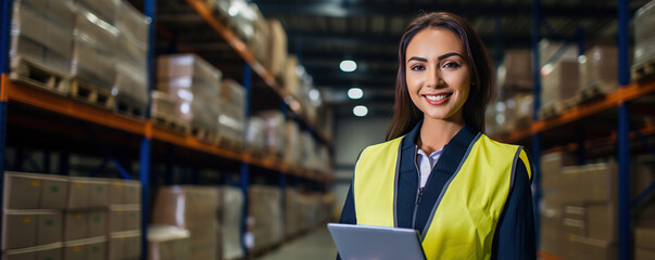 Fototapeta na wymiar Smiling young woman wearing a high-visibility vest stands confidently in a warehouse, holding a digital tablet for managing inventory tasks. Copy space