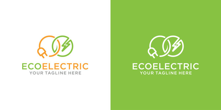 renewable infinity green plug leaf icon design template. Illustration of electric power energy charge button symbol with green leaf and plug.	