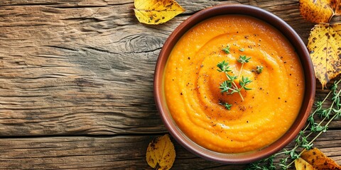 Autumn pumpkin puree in a bowl. Vegetarian autumn pumpkin cream soup with thyme on table with sunny beams. Autumnal tasty dinner or lunch. Top view, - obrazy, fototapety, plakaty