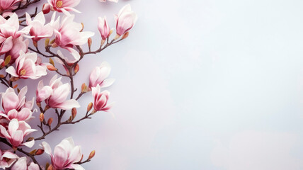 magnolia flowers branches on the background for copy space top view floral arrangement