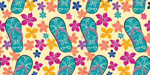 Seamless repeating background with flip flops. Summer and spring seasonal pattern. - obrazy, fototapety, plakaty