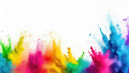Fototapeta premium Explosion of colorful powder, rainbow color on white background, wide panorama.