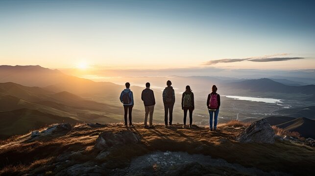 A group of 5 familiar people different nationalities and ages and backgrounds standing on the top of a mountain watching other mountains
