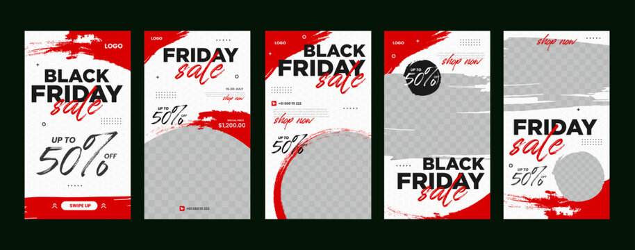 Set Black Friday sale social with red brush media feed or story