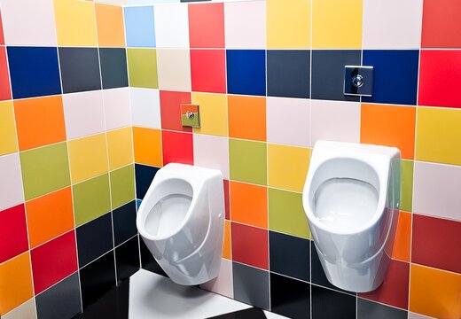 Shared family bright restroom with two pisuars in shopping center, mall. Unisex WC for man, dad, boy, child kid. Use together. Recreation room, toilet for adult,little son. Big parents, children cabin