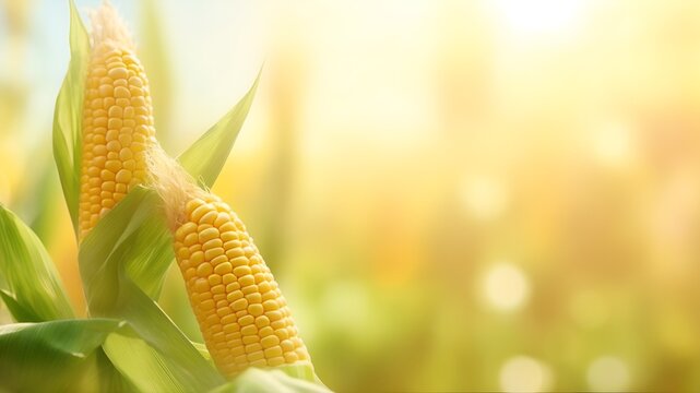 frame of fresh corn isolated on blurred abstract sunny background banner, nature scene