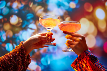 Two woman's hands holding sweet and sour cocktails and clinking. Blurred background. Selective focus. Concept of Valentines day, alcohol drinks, date, romantic, vacation. - Powered by Adobe