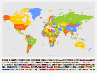 Colored political map of World with country and water labels. With set of national flags of countries under the map. Vector illustration.