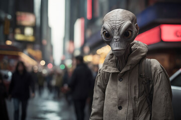 Aliens Among Us. An extraterrestrial being in human clothing among people on a busy street