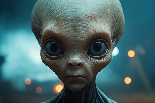 Portrait of a cute alien with big blue eyes on a blue background with bokeh lights