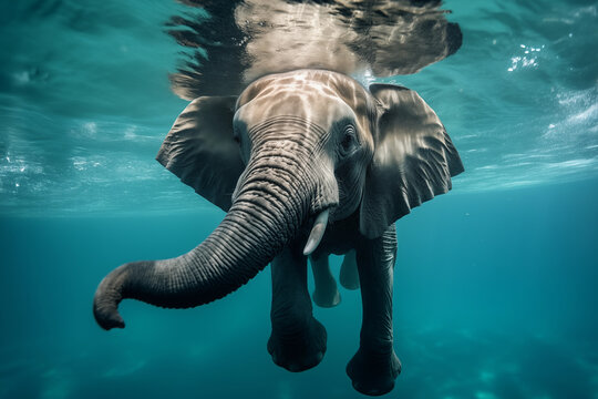 Underwater close up view of a swimming elephant